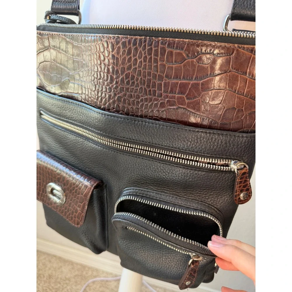 Brighton Black Brown Leather Croc Embossed Crossbody Bag E297898